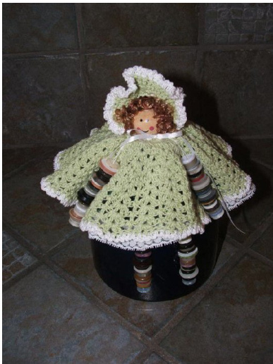 Crochet Pattern for Green Button Doll with Dress and Accessories - Intermediate Level pattern preview