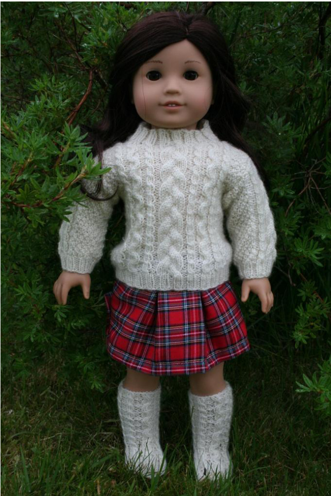 American Girl Aran Sweater Pattern by Astrid Aesoey, Fingering Weight Yarn, Double Moss Stitch, Knitting Tutorial pattern preview