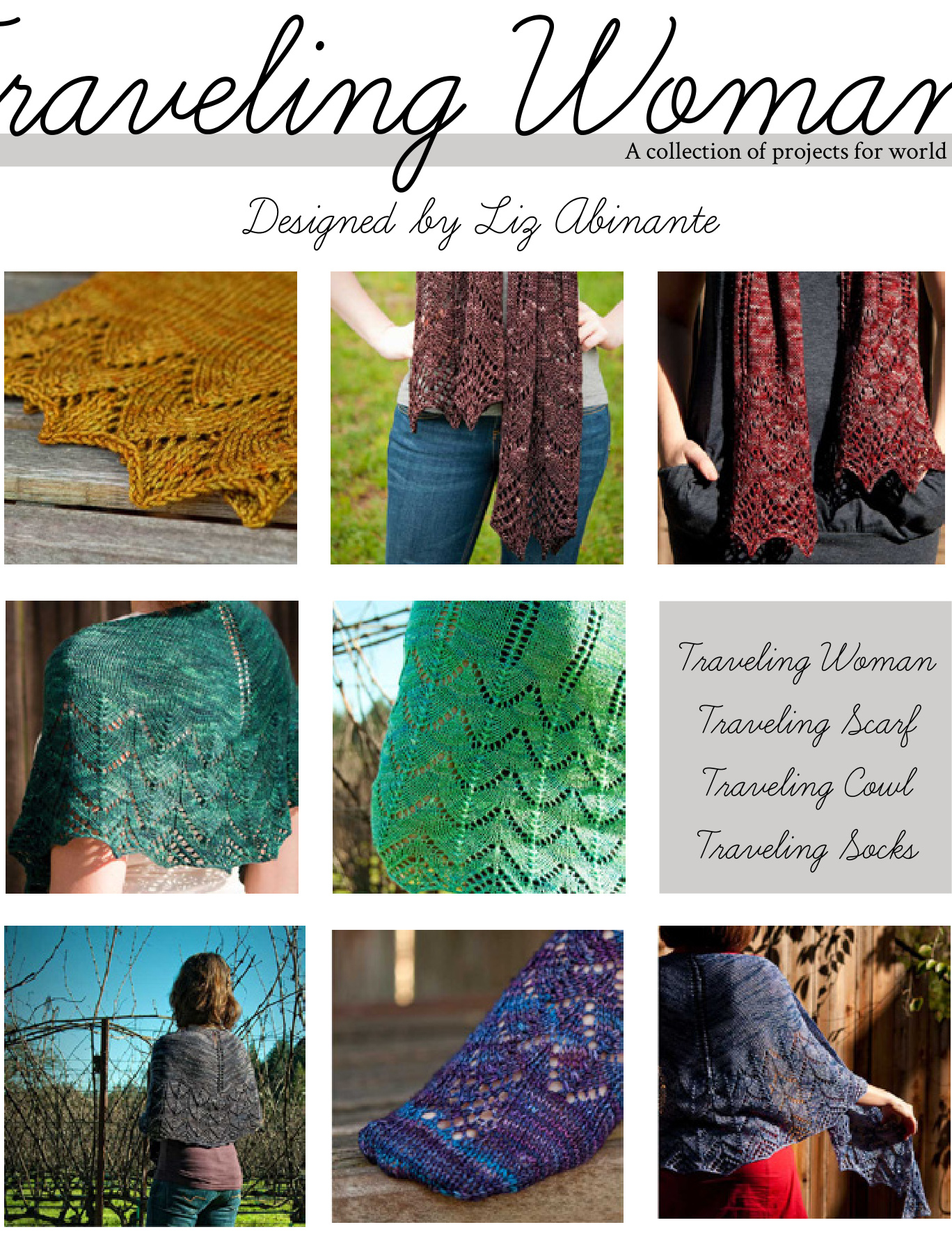 Traveling Woman Knitting Pattern Collection by Liz Abinante: Shawls, Scarves, Cowls, and Socks with Customization Options pattern preview