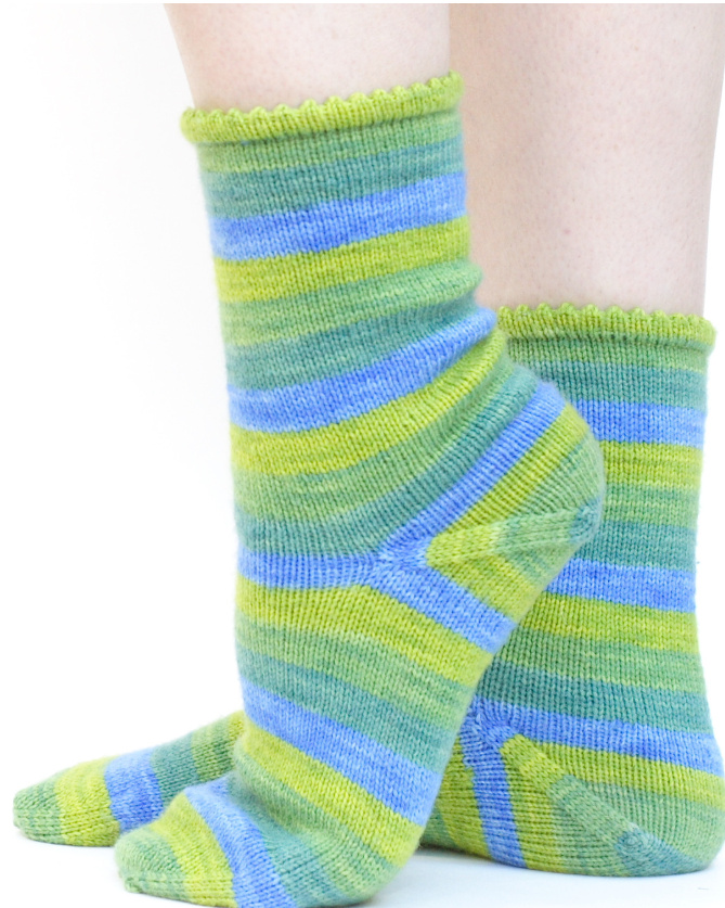 Basic Self-Striping Socks Pattern by Amy Klimt: Top-Down Knitting with Peasant Heel and Picot Cuff pattern preview