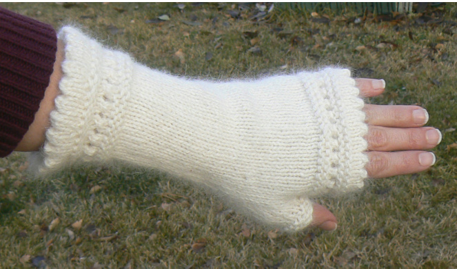 Susie's Reading Mitts Knitting Pattern for Women's Small, Medium, Large Sizes with Lace Stitch and Thumb Gusset Details pattern preview