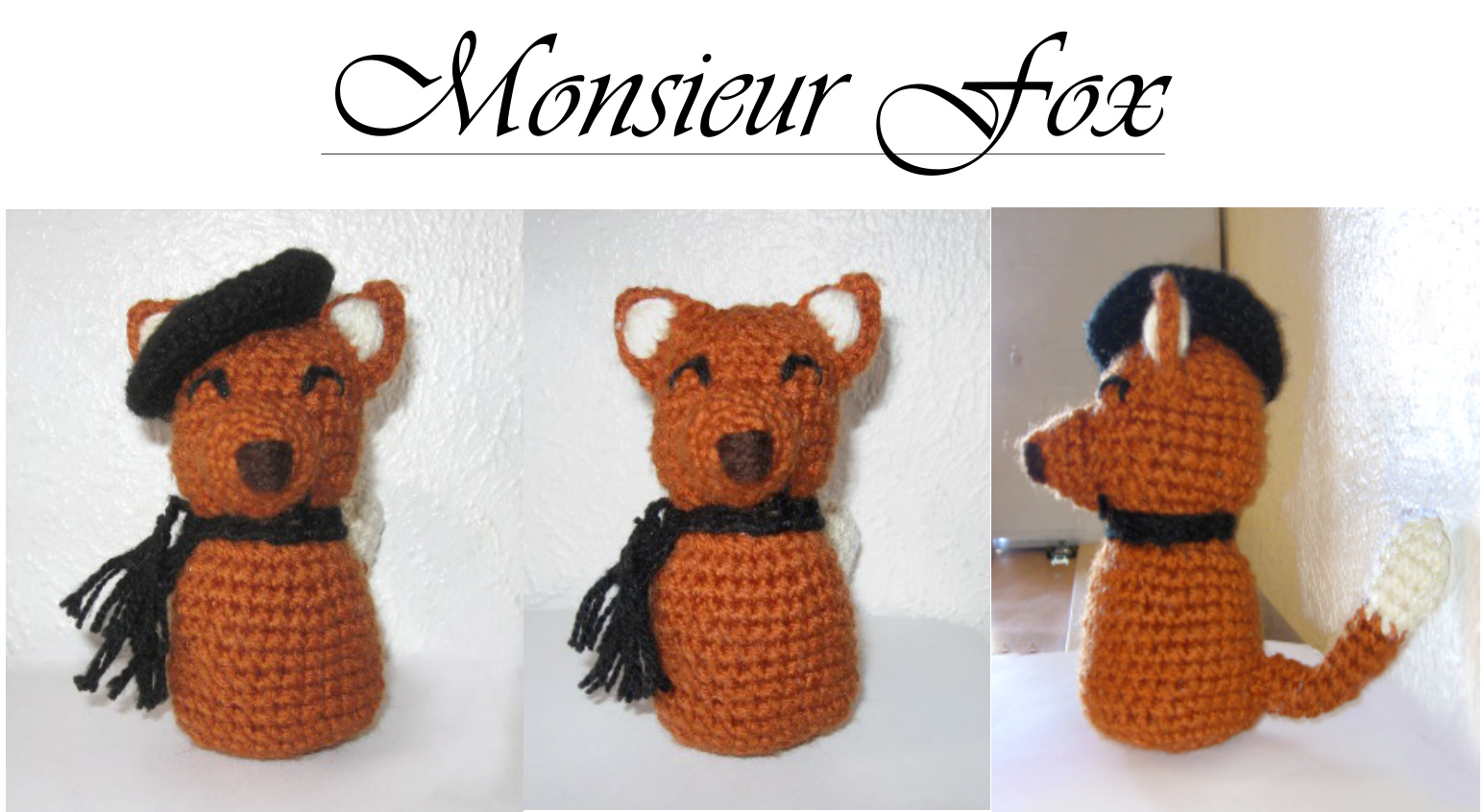 Monsieur Fox Amigurumi Pattern by DeviousRose - Crochet and Knit Tutorial for Orange Fox Toy with Beret and Scarf pattern preview