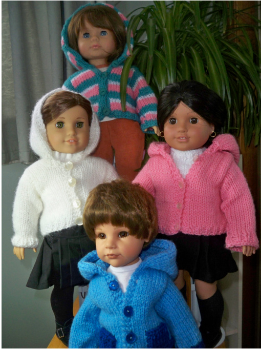 Free Knitting Pattern for 18 Inch American Girl and Gotz Dolls Hoodie by Janet Longaphie, Detailed Step-by-Step Guide with Button Band and Hood Instructions pattern preview