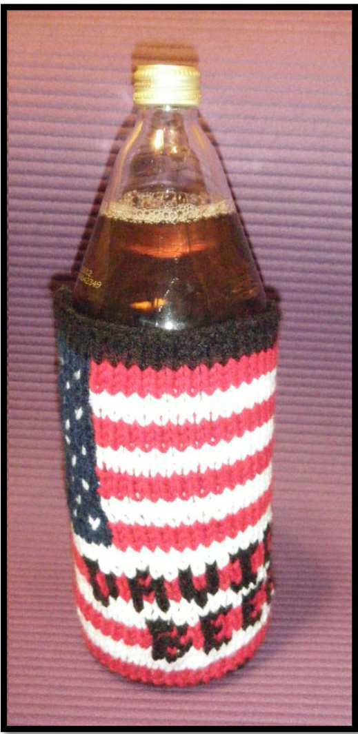 American Flag 40oz Beer Cozy Knitting Pattern by Claud07 - Worsted Weight Yarn Scrap Project with Gauge, Abbreviations, and Personalization Notes pattern preview