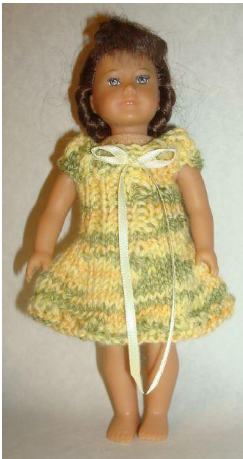 Knitting Patterns for 6" American Girl Dolls: Sundress and Mini Molly's Apple Green Dress with Petticoat Tutorial pattern preview