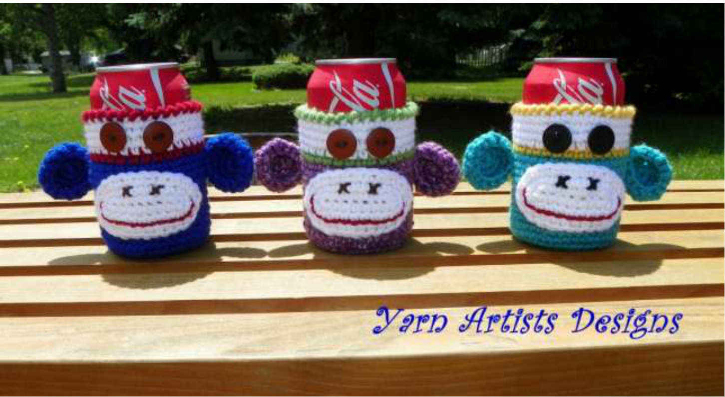 Sock Monkey Can Cozy Yarn Artists Designs Pattern for 12 oz Cans with Customizable Color Options pattern preview