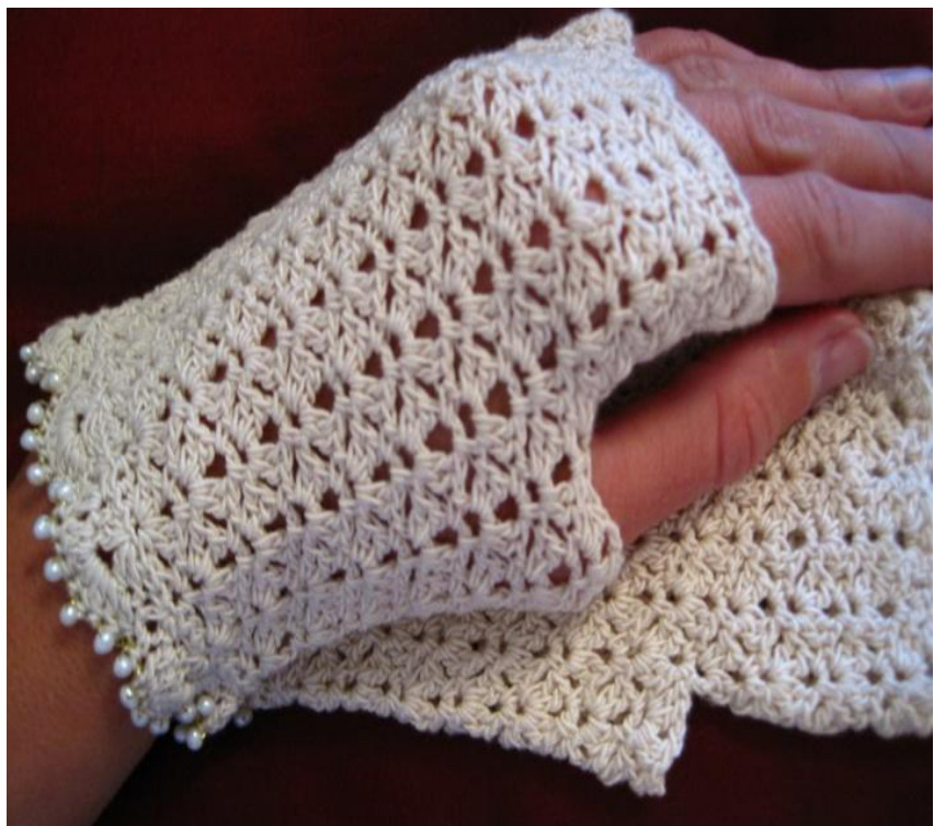 Crochet Pattern for Small Lace Fingerless Mitts with Bamboo Thread and Pearl Embellishments pattern preview