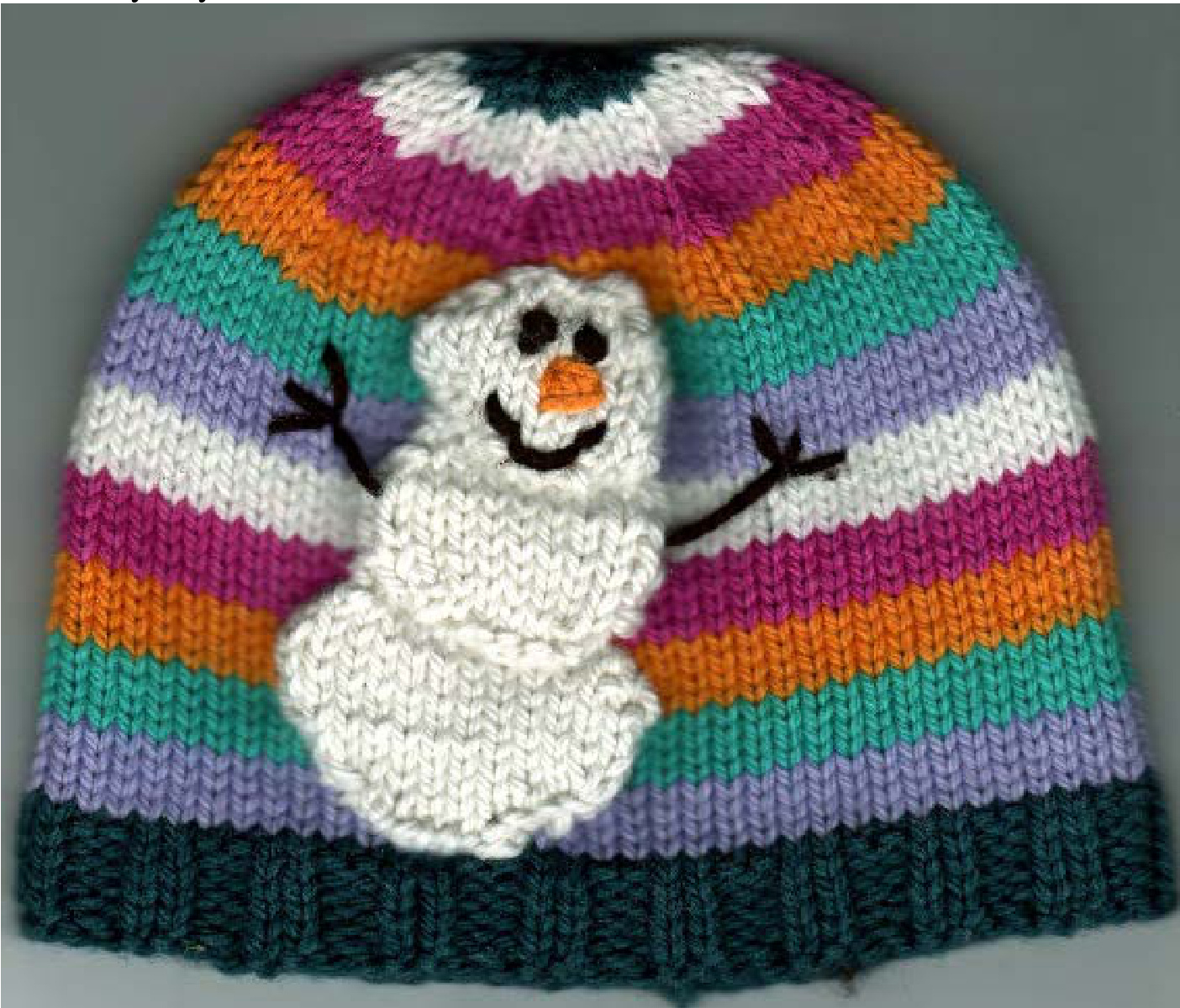 Knitted Striped Hat Pattern with Snowman Embellishment for Newborn to Adult Sizes pattern preview