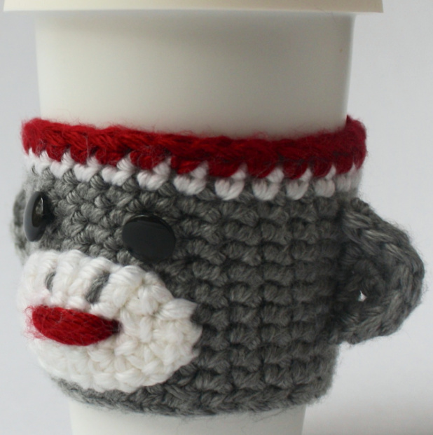 Classic Sock Monkey Coffee Cup Cozy Crochet Pattern with Detailed Instructions and Assembly Guide pattern preview