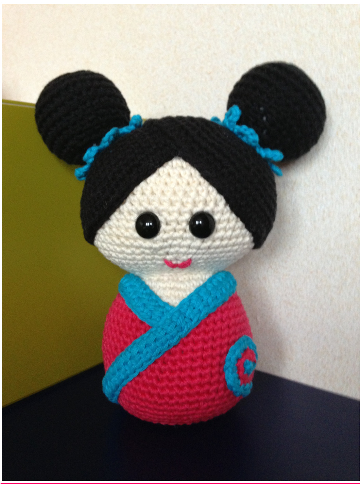 Crochet Pattern for Gema, the Japanese-Inspired Kokeshi Doll with Detailed Instructions and Embellishments pattern preview