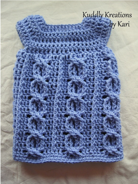 Cabled Love Dress Crochet Pattern for 0-3 Months by Kari Philpott Kuddly Kreations pattern preview