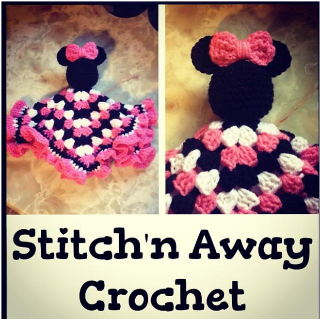 Minnie Inspired Lovey Crochet Pattern by Randi Marlowe of Stitch'n Away Crochet - Granny Square Blanket with Adorable Minnie Mouse Head, Bow, and Ears pattern preview