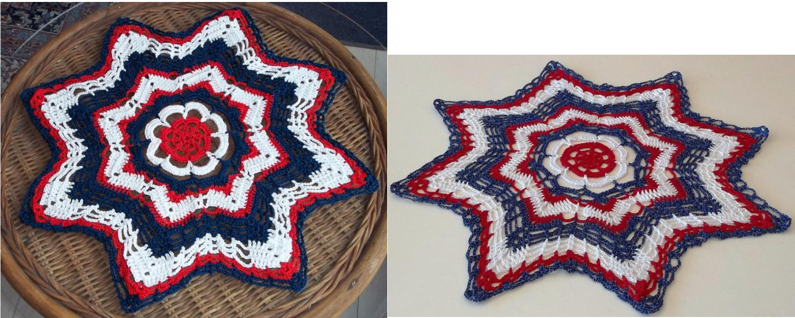 Detailed Instructions for Crocheting a 14-15 Inch Stars Flower Stripes Doily with Red, White, and Navy Blue Threads pattern preview