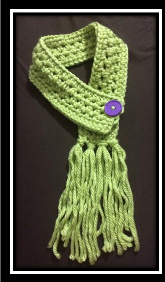 Chunky Half-Double Crochet Scarf Pattern for Beginners with Modern Asymmetrical Fringe and Button Closure pattern preview