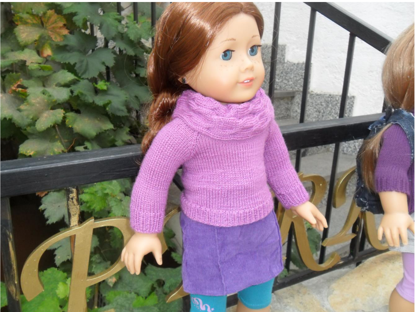 Knitting Pattern for American Girl Doll School Sweater with Detailed Instructions and Cable Collar pattern preview