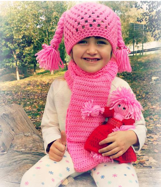 Crochet Patterns for 2 Braids Beanie, Scarf, and Adorable Dolly with Detailed Instructions and Material Lists pattern preview