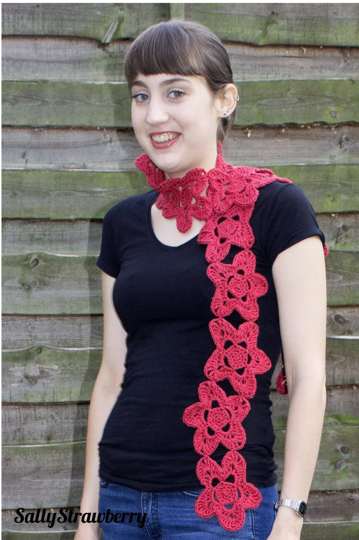 Jenny Scarf Crochet Pattern by SallyStrawberry: A Lightweight Flower Motif Accessory for Casual Outfits pattern preview