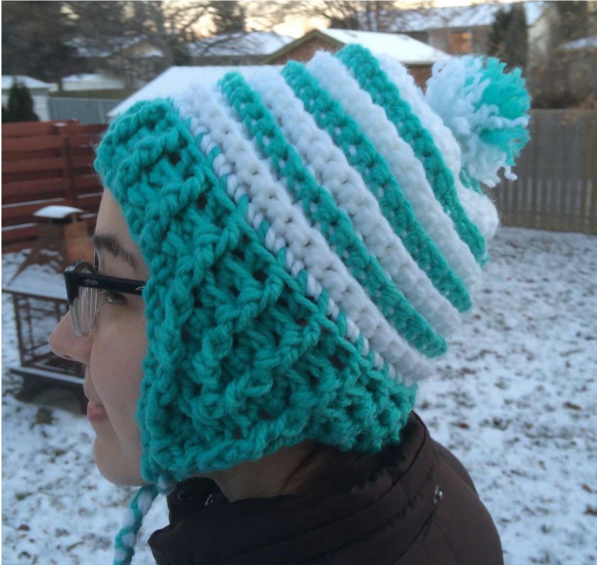 SQUEEZEBOX Crochet Hat Pattern for Intermediate Skill Level with Earflaps and Striped Ribbing pattern preview