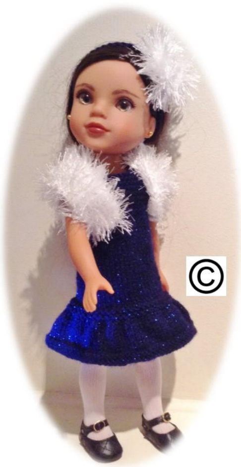 Free Knitting Pattern: Sparkle and Fur Dress, Bolero, and Hairband for 14 Inch Dolls pattern preview