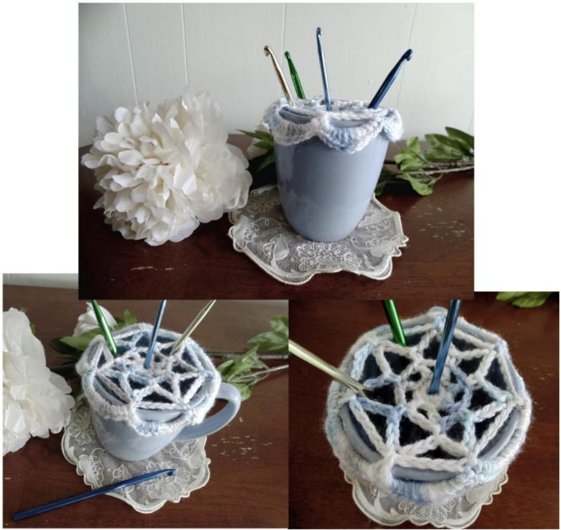 Crochet Hook Holder Pattern with Bernat Softee Baby Yarn and Coffee Cup Base Tutorial pattern preview