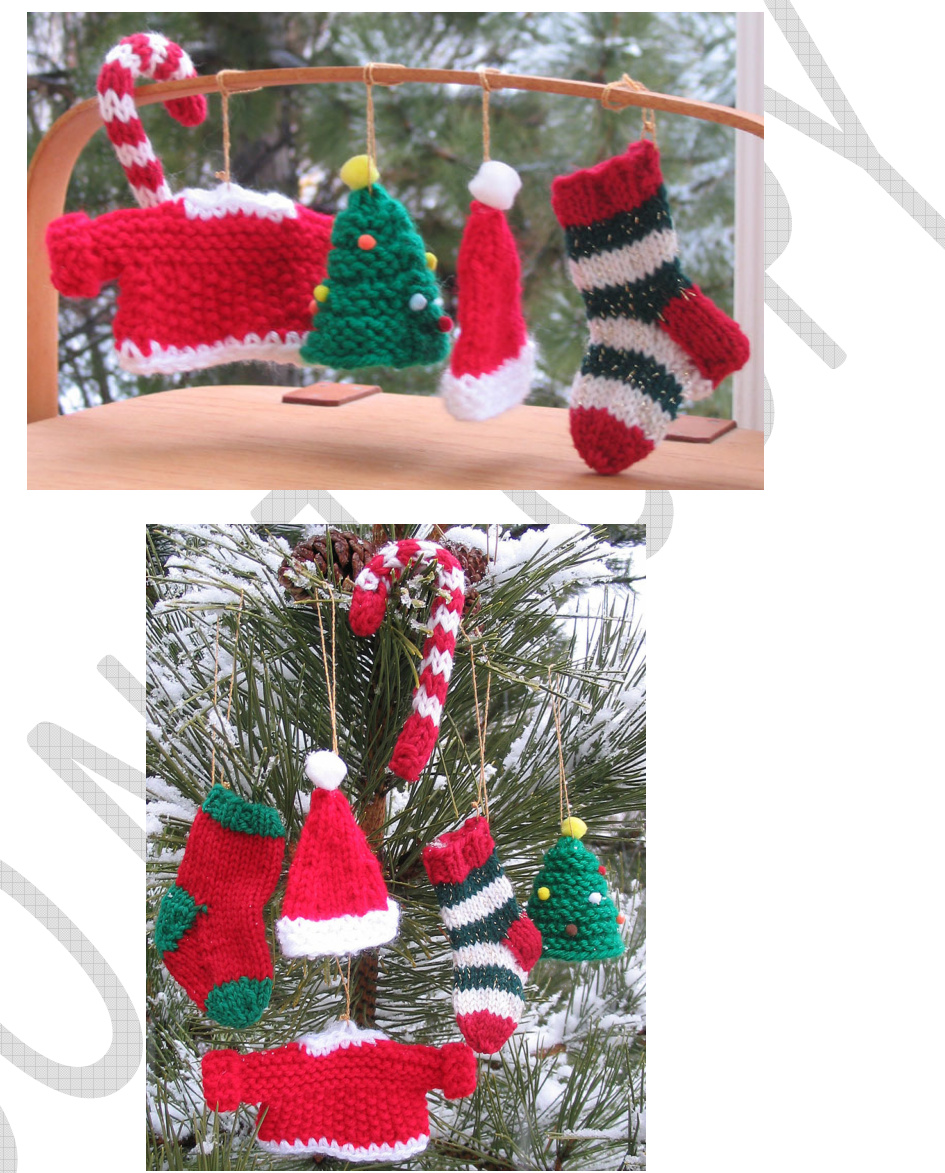 Holiday Decorations Knitting Patterns: Ornaments, Stocking, Santa Hat, Candy Cane, and Little Sweater Designs pattern preview