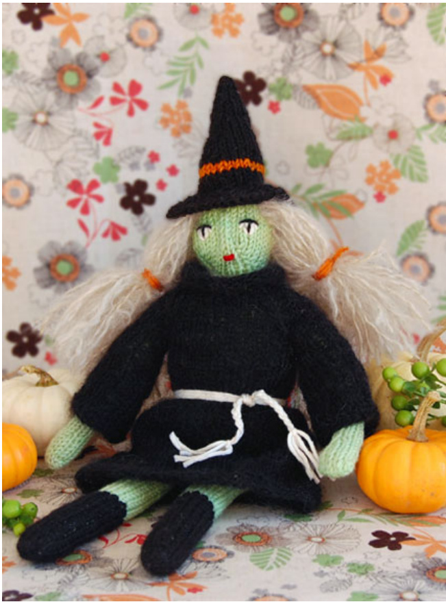 Knitting Pattern for a Halloween Witch Doll with Customizable Outfit and Accessories pattern preview