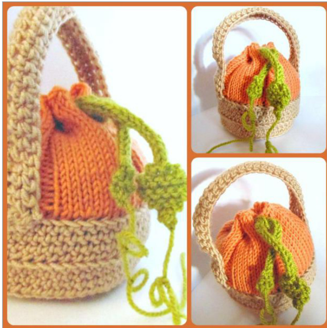 Autumnal Pumpkin-in-Basket Knit & Crochet Pattern for Mini Treat Bag with Leafy Tendril Drawstring pattern preview